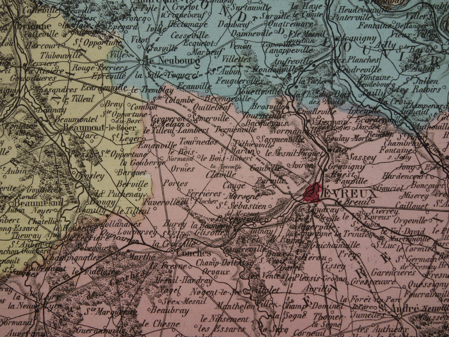 EURE Kaart van Eure departement in Frankrijk uit 1883 originele antieke oude handgekleurde landkaart Evreux