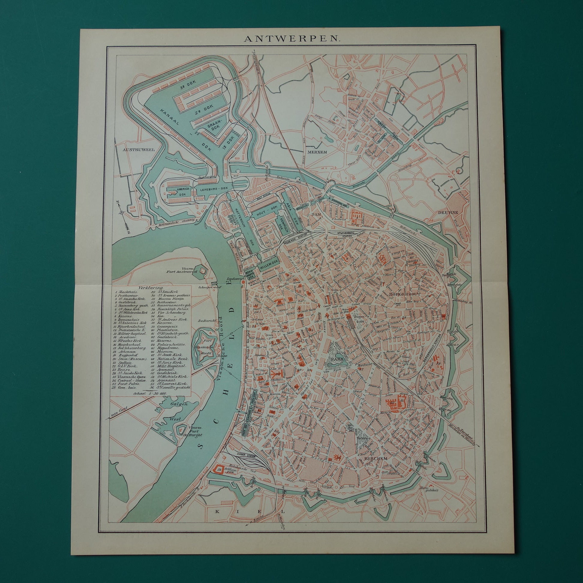 Oude kaart van Antwerpen uit 1914 originele vintage plattegrond Nederlandse landkaart