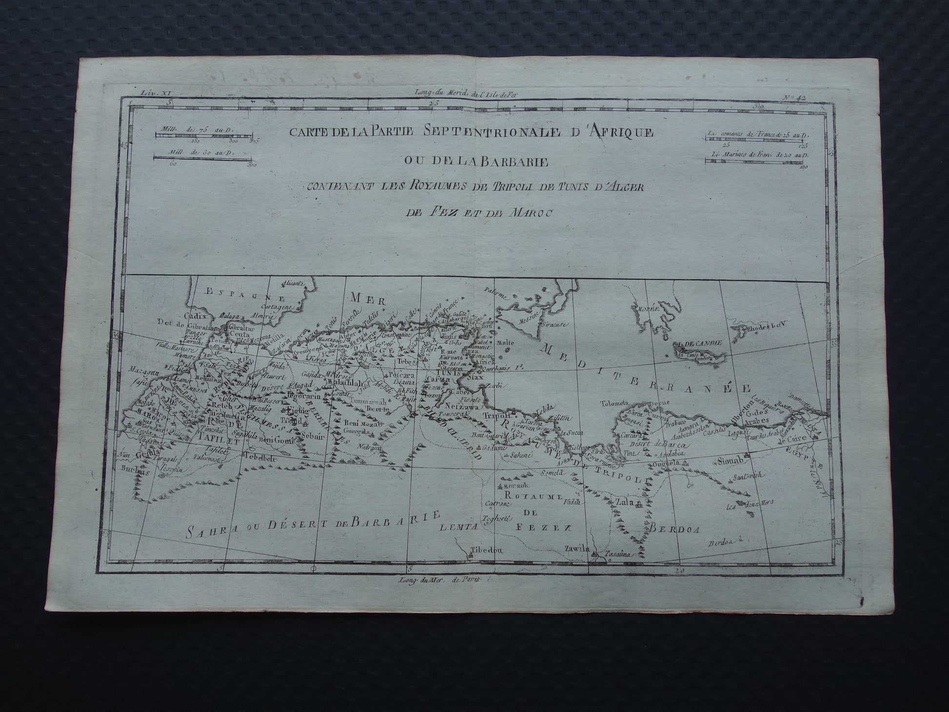 Oude kaart van Noord-Afrika Originele antieke Franse Bonne kaart uit 1784 van Marokko Fez Tripoli Algiers