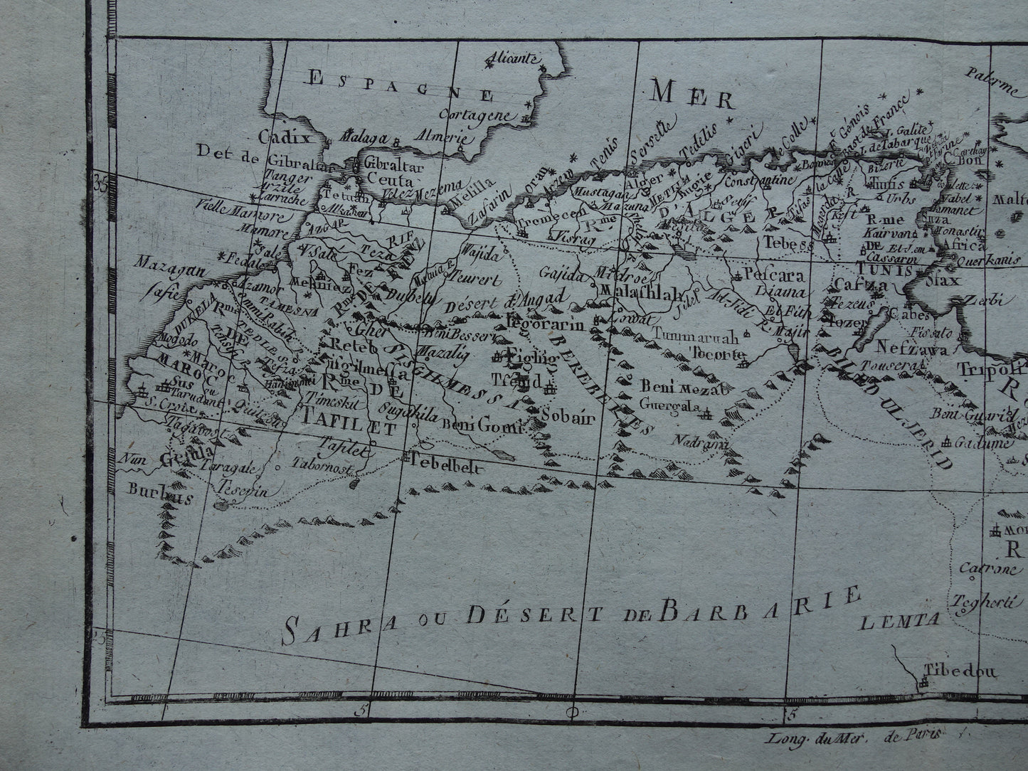 Old map of North Africa Original antique French Bonne map from 1784 of Morocco Fez Tripoli Algiers