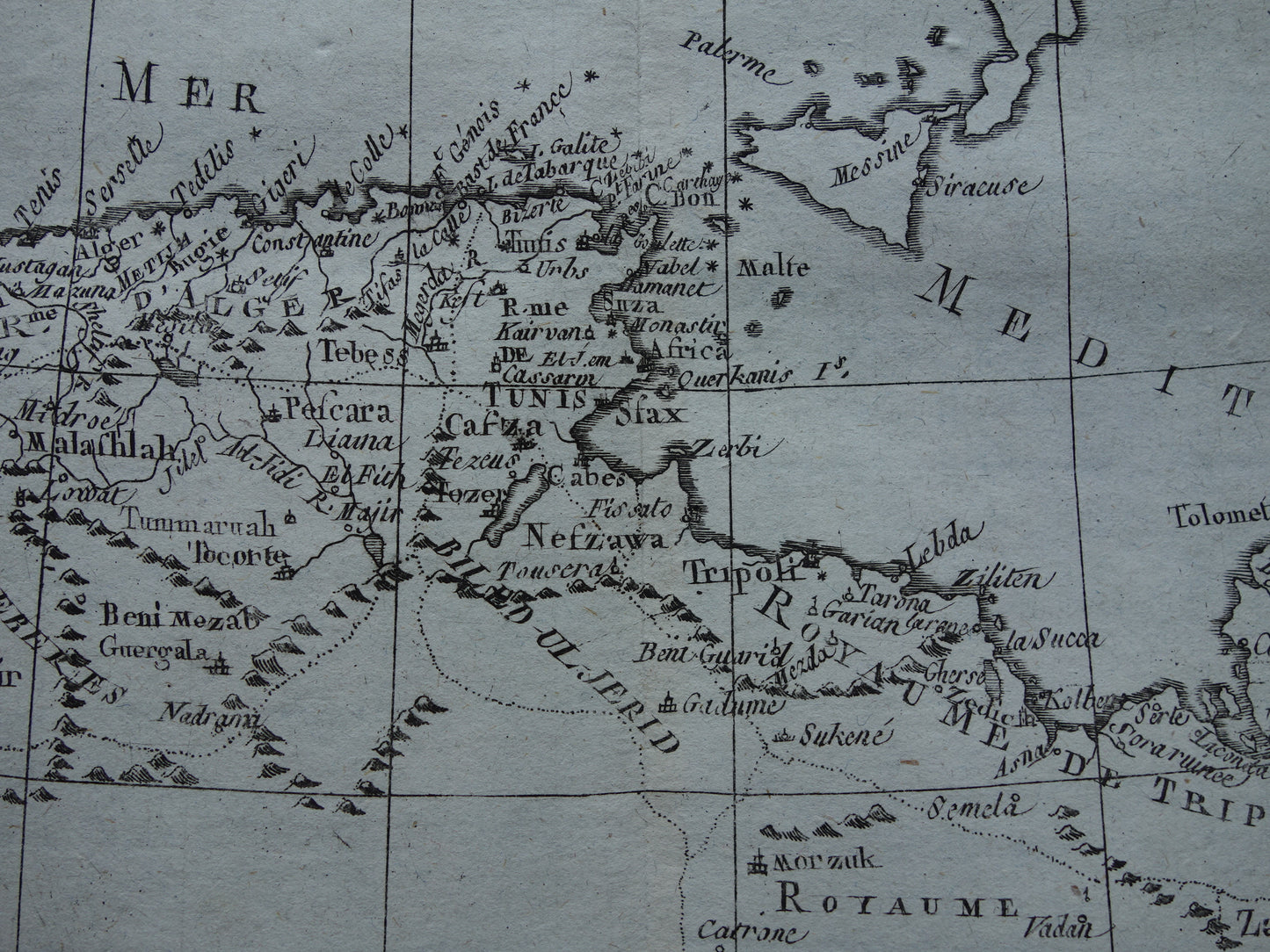 Old map of North Africa Original antique French Bonne map from 1784 of Morocco Fez Tripoli Algiers