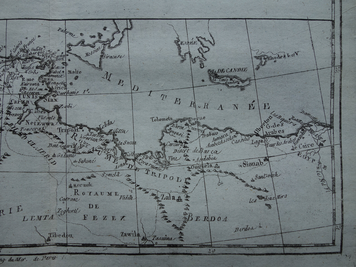 Old map of North Africa Original antique French Bonne map from 1784 of Morocco Fez Tripoli Algiers