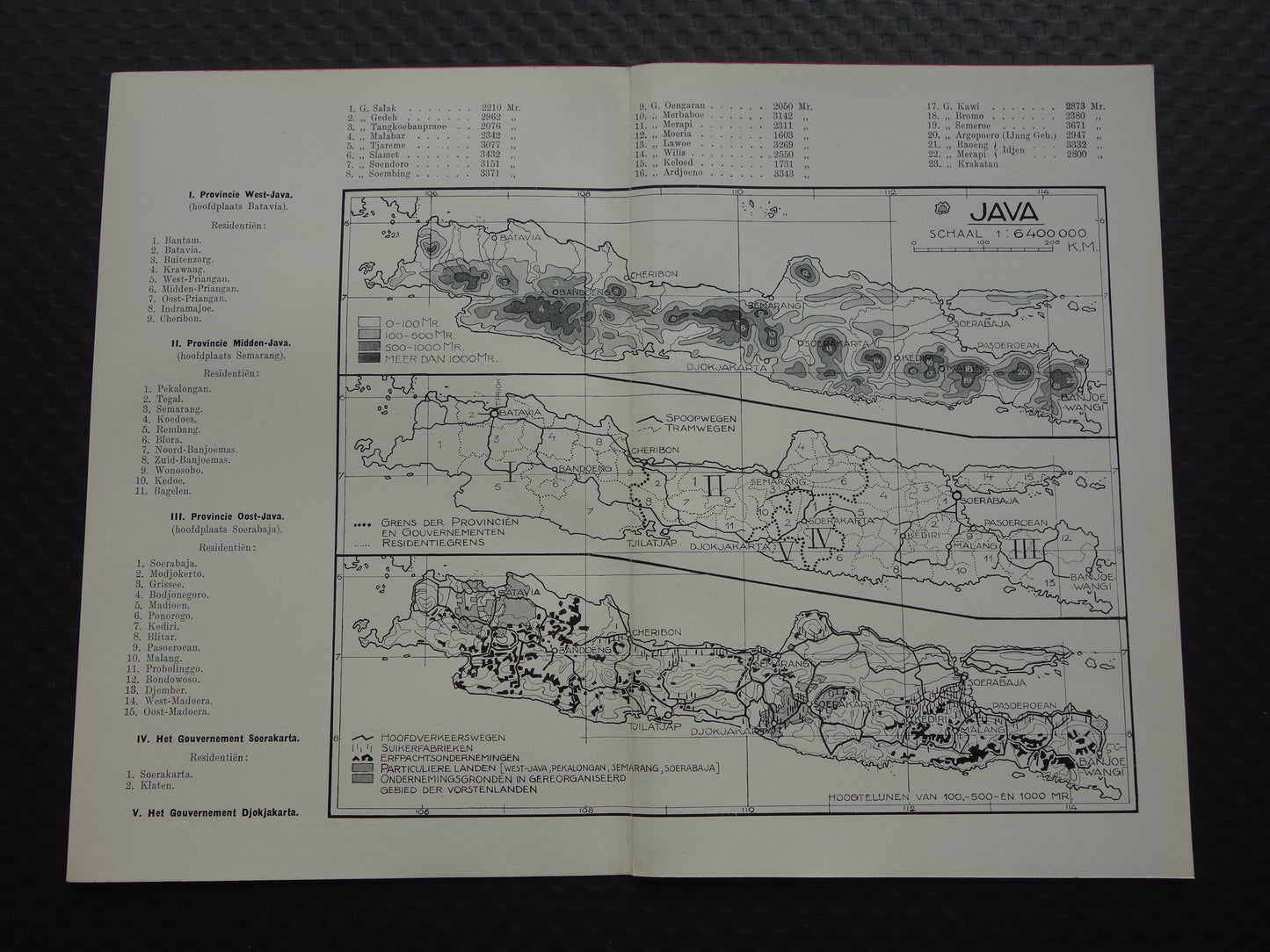 JAVA 3x Oude landkaart van Java uit 1928 vintage kaarten Hoogtekaart Spoorwegen kaart Cultuurgronden