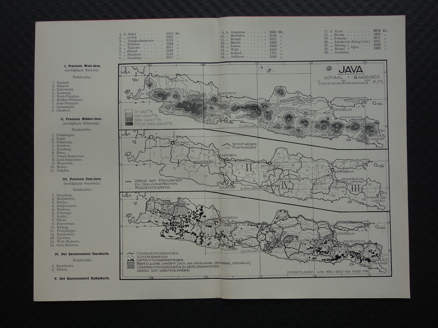 JAVA 3x Oude landkaart van Java uit 1928 vintage kaarten Hoogtekaart Spoorwegen kaart Cultuurgronden