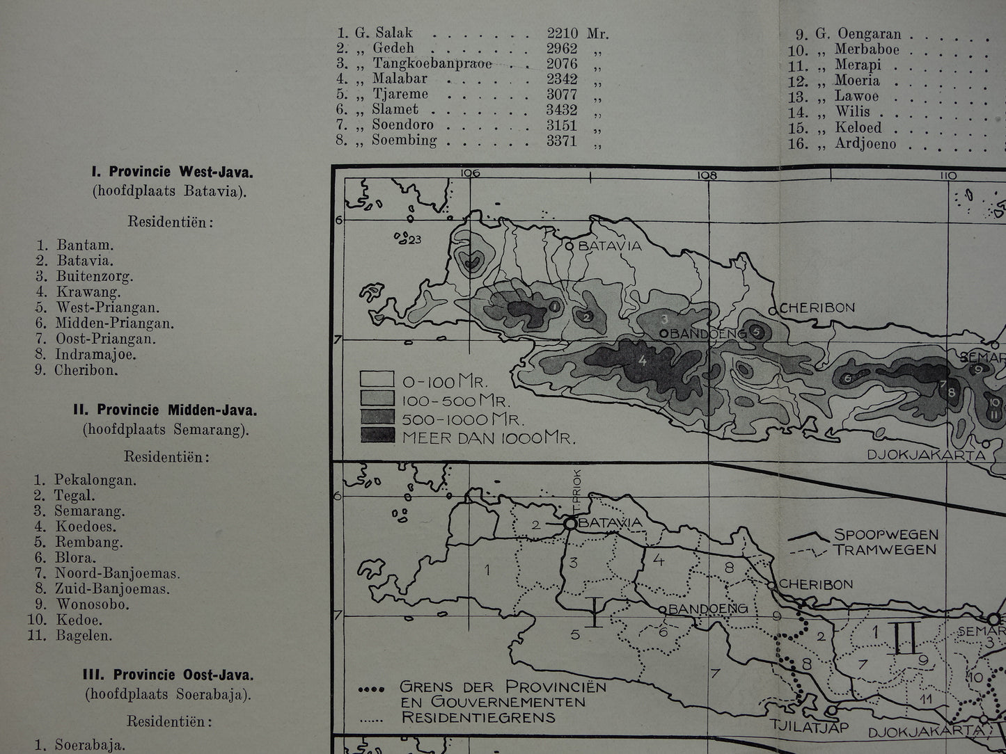 JAVA 3x Oude landkaart van Java uit 1928 vintage kaarten Hoogtekaart Spoorwegen kaart Cultuurgronden