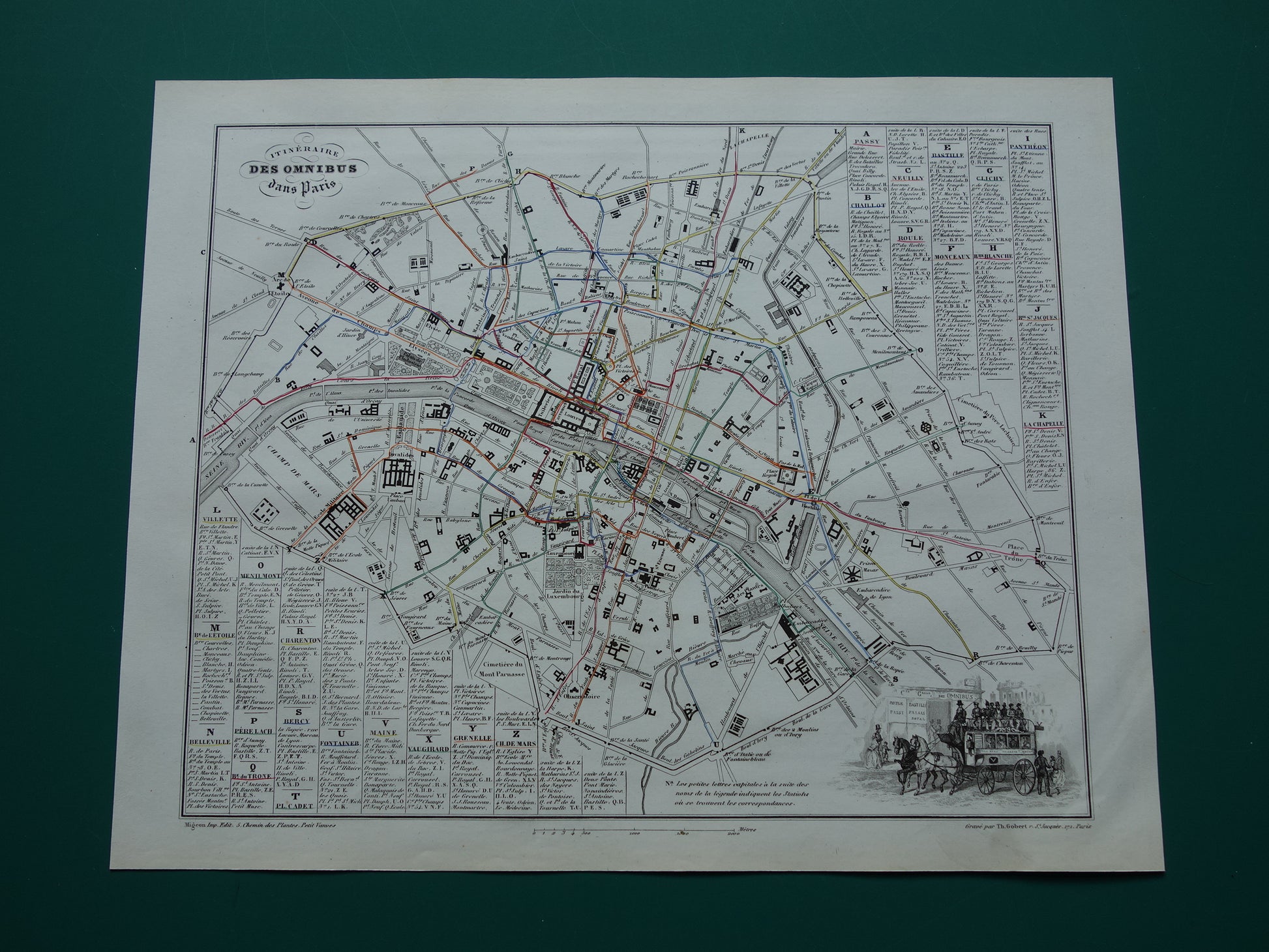 Oude kaart van Parijs met routes van de paardentram / omnibus - zeldzame antieke kaart van Parijs uit 1856 originele vintage plattegrond