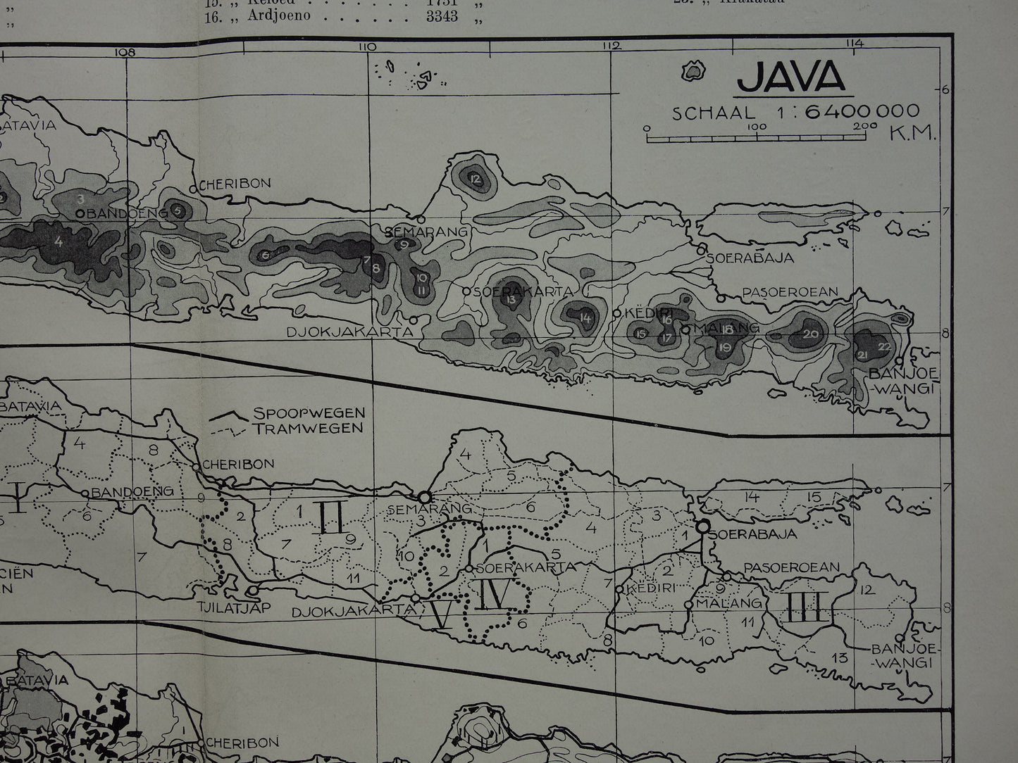 JAVA 3x Oude landkaart van Java uit 1928 vintage kaarten Hoogtekaart Spoorwegen kaart Cultuurgronden