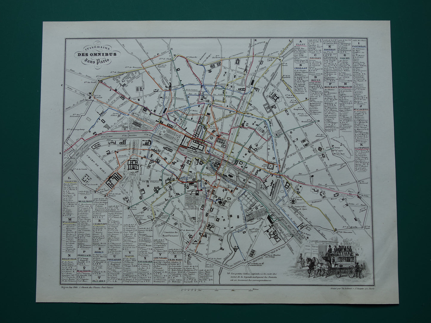 Oude kaart van Parijs met routes van de paardentram / omnibus - zeldzame antieke kaart van Parijs uit 1856 originele vintage plattegrond