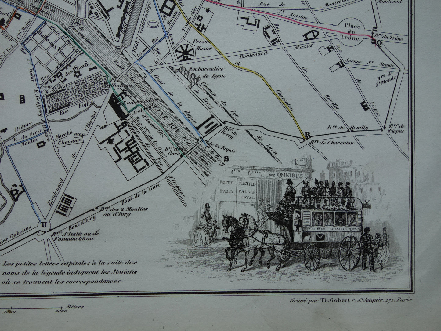 Oude kaart van Parijs met routes van de paardentram / omnibus - zeldzame antieke kaart van Parijs uit 1856 originele vintage plattegrond