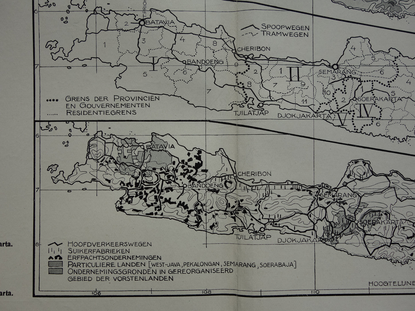 JAVA 3x Oude landkaart van Java uit 1928 vintage kaarten Hoogtekaart Spoorwegen kaart Cultuurgronden