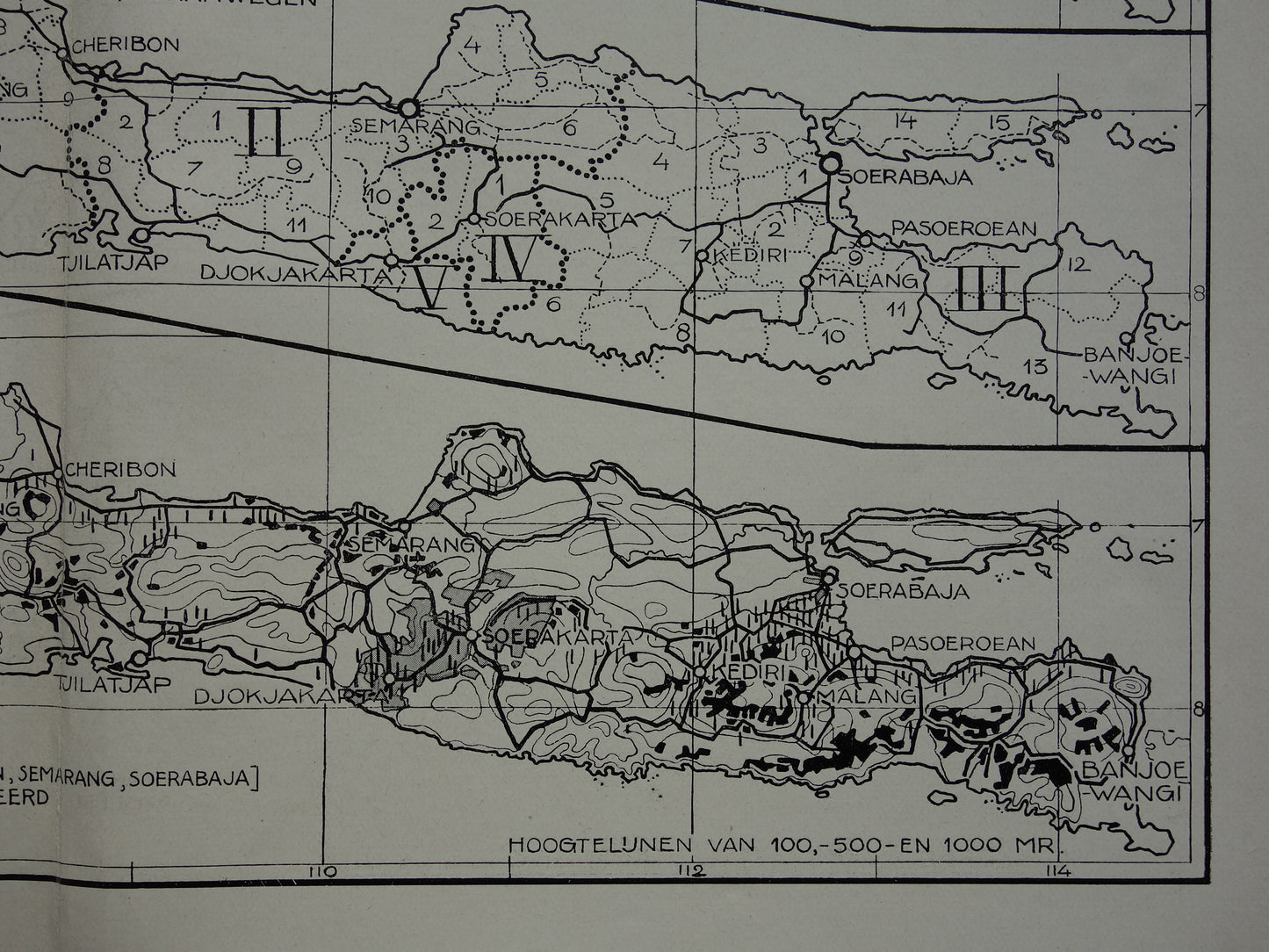 JAVA 3x Oude landkaart van Java uit 1928 vintage kaarten Hoogtekaart Spoorwegen kaart Cultuurgronden