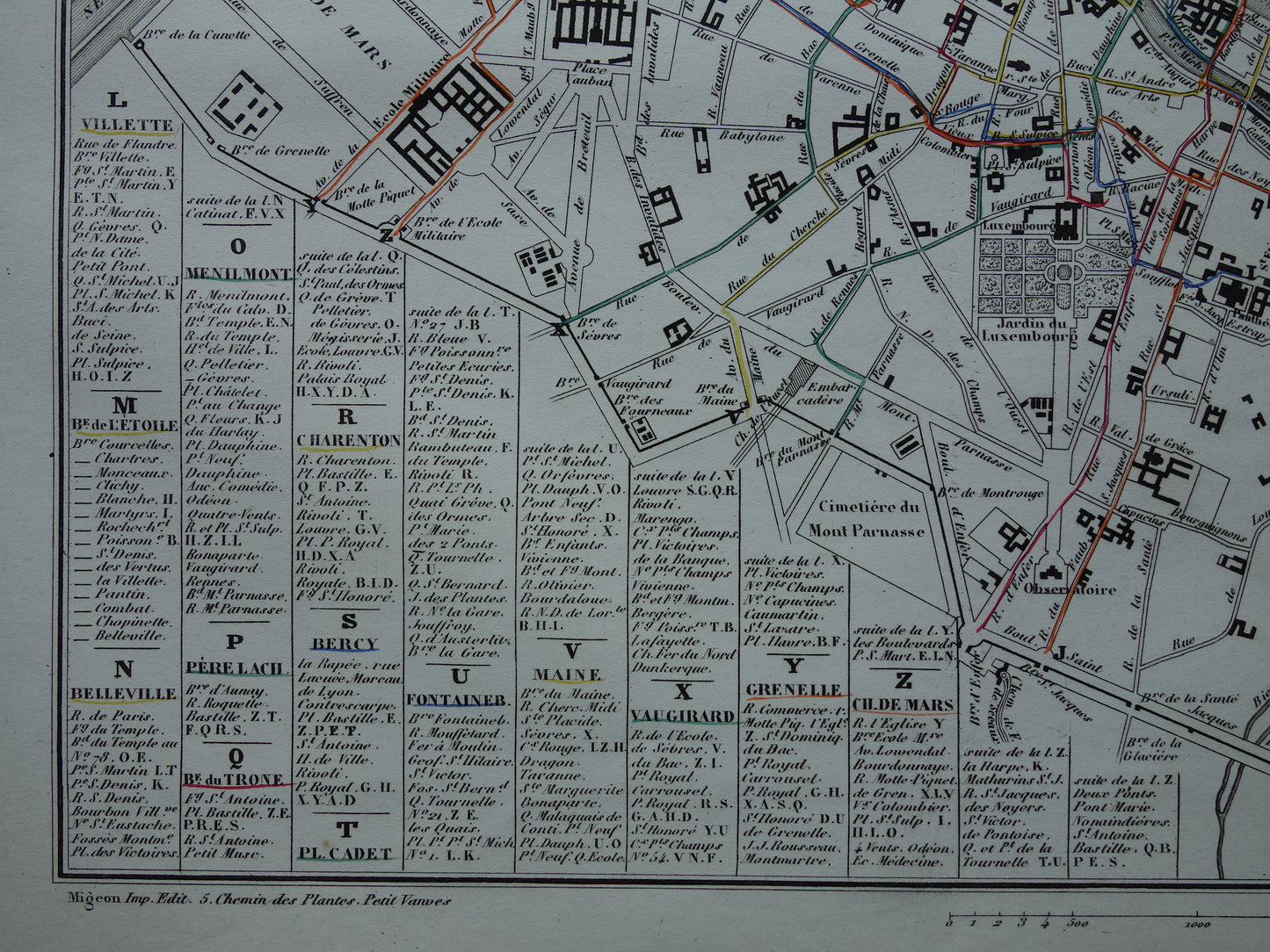 Oude kaart van Parijs met routes van de paardentram / omnibus - zeldzame antieke kaart van Parijs uit 1856 originele vintage plattegrond