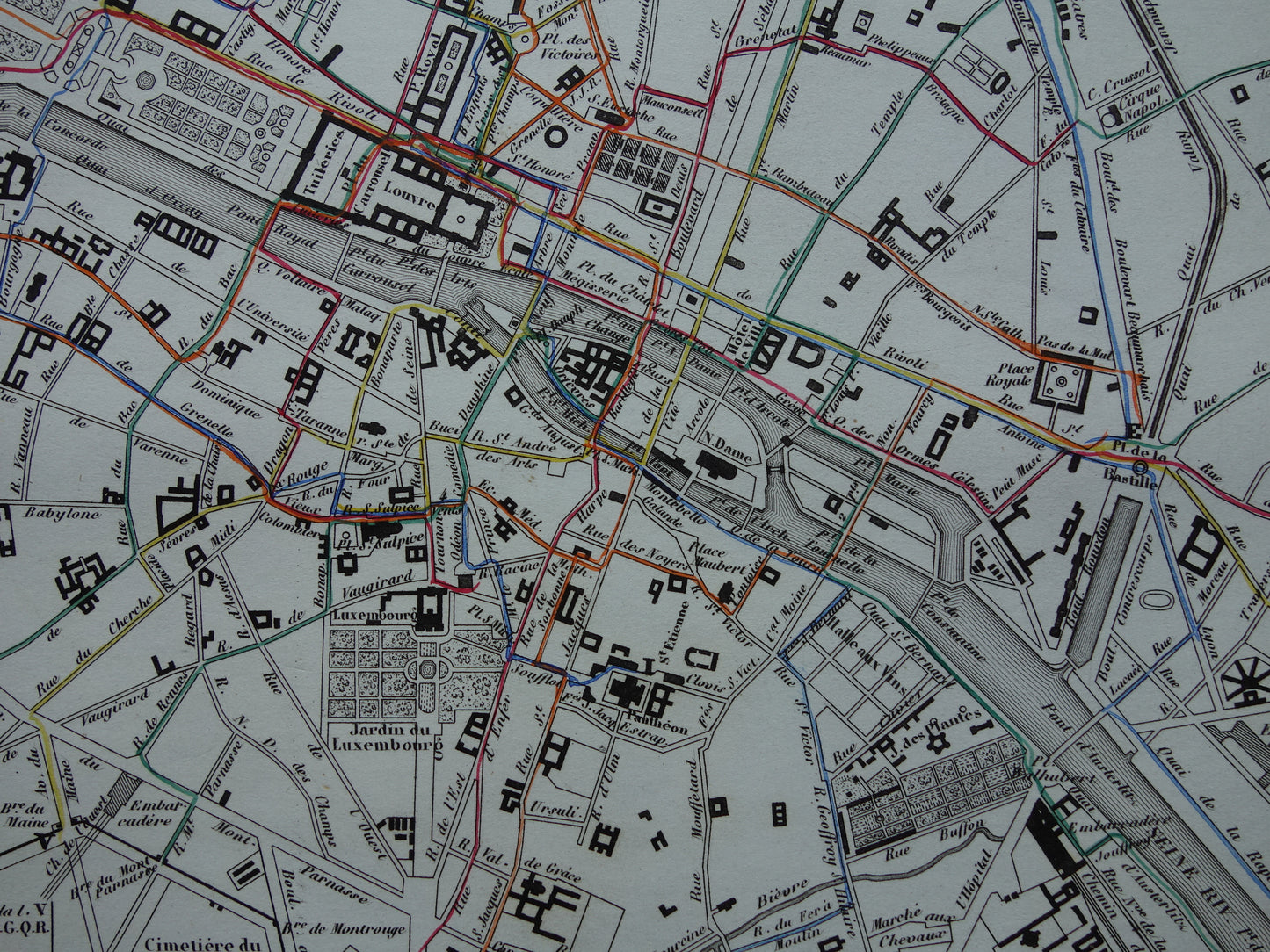 Oude kaart van Parijs met routes van de paardentram / omnibus - zeldzame antieke kaart van Parijs uit 1856 originele vintage plattegrond