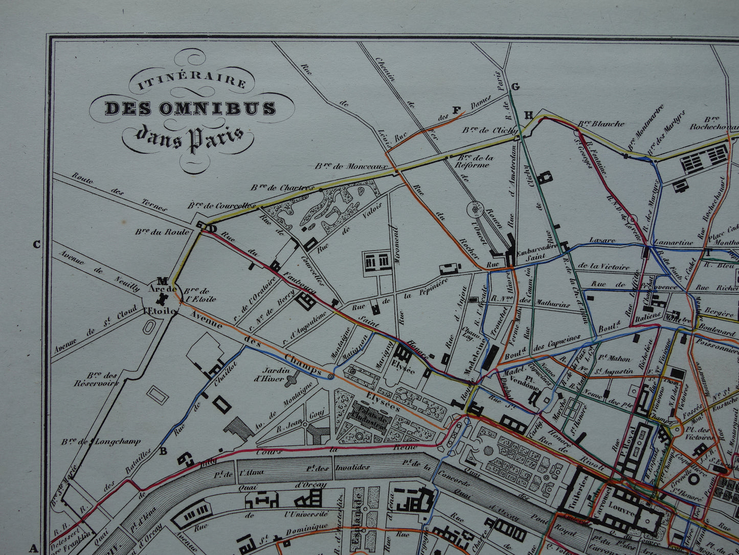 Oude kaart van Parijs met routes van de paardentram / omnibus - zeldzame antieke kaart van Parijs uit 1856 originele vintage plattegrond