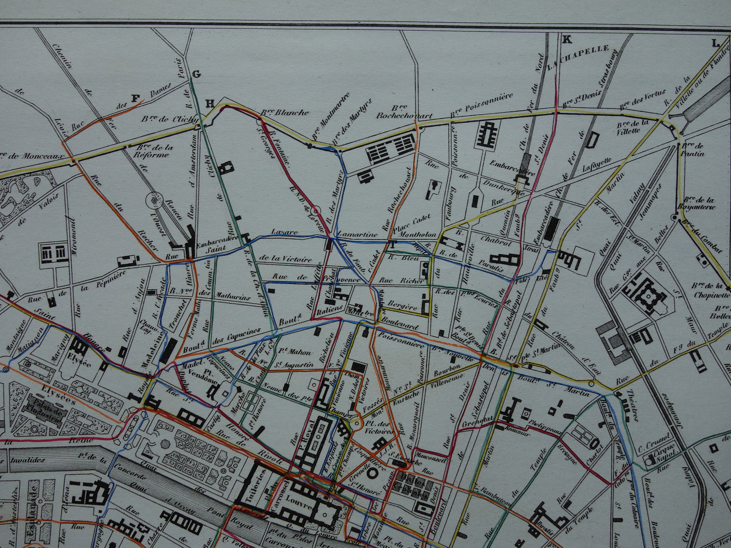 Oude kaart van Parijs met routes van de paardentram / omnibus - zeldzame antieke kaart van Parijs uit 1856 originele vintage plattegrond