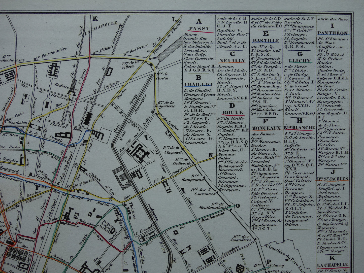 Oude kaart van Parijs met routes van de paardentram / omnibus - zeldzame antieke kaart van Parijs uit 1856 originele vintage plattegrond
