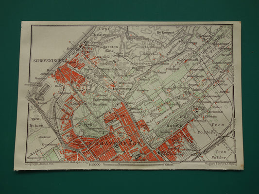 SCHEVENINGEN oude kaart van Scheveningen en Den Haag 1910 kleine originele antieke plattegrond Nederland