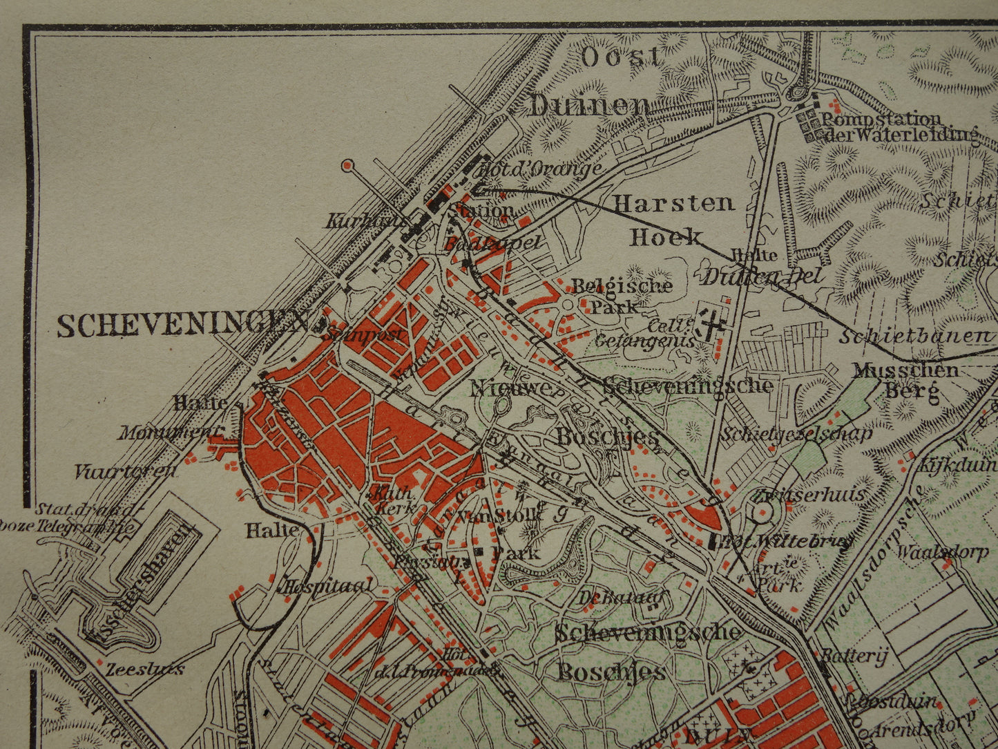 SCHEVENINGEN oude kaart van Scheveningen en Den Haag 1910 kleine originele antieke plattegrond Nederland