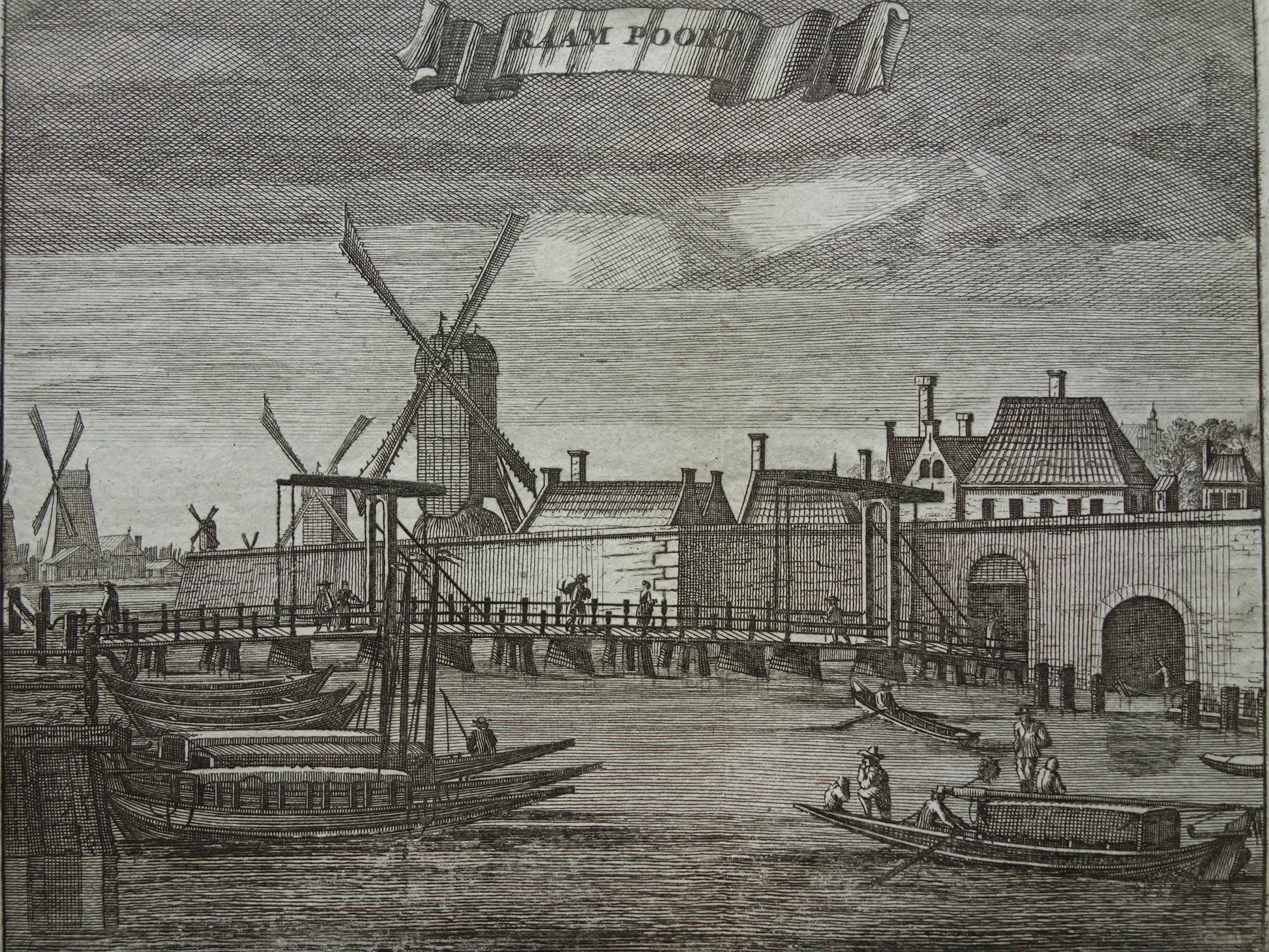 Oude gravure Amsterdam Molen Molens