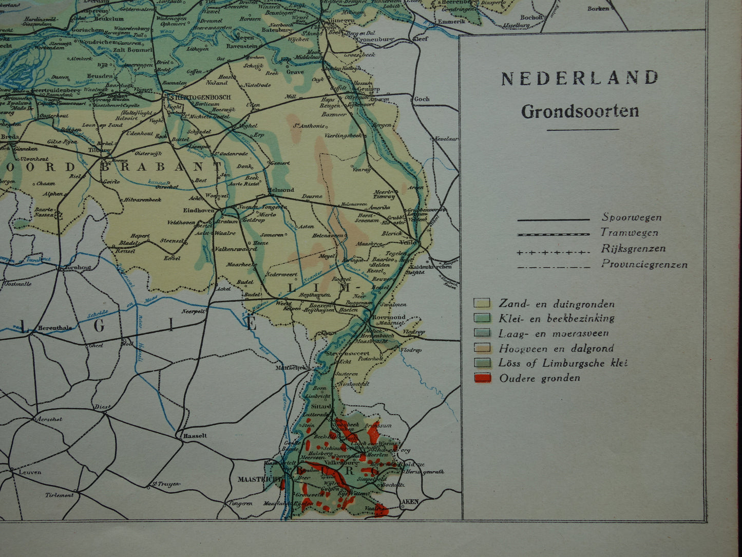 NEDERLAND oude kaart van grondsoorten 1928 vintage Nederlandse geologie landkaart grondsoortenkaart