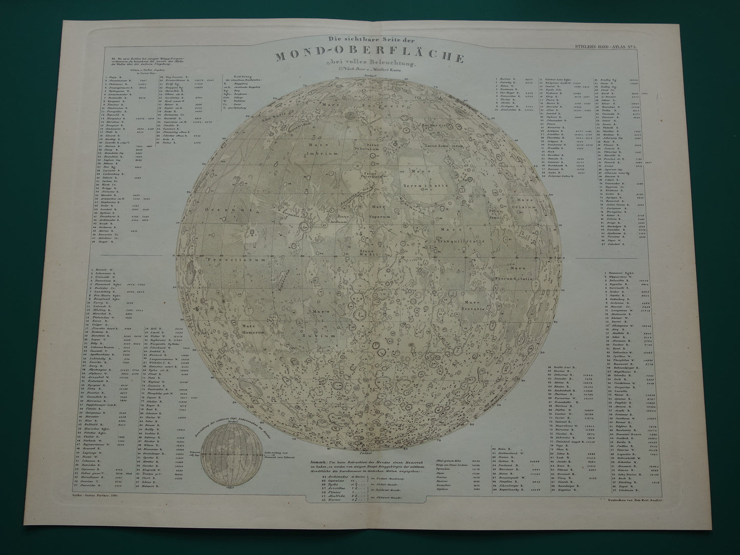 145+ jaar oude kaart van de Maan originele antieke poster zichtbare zijde van de maan met jaartal 1880 maankaart