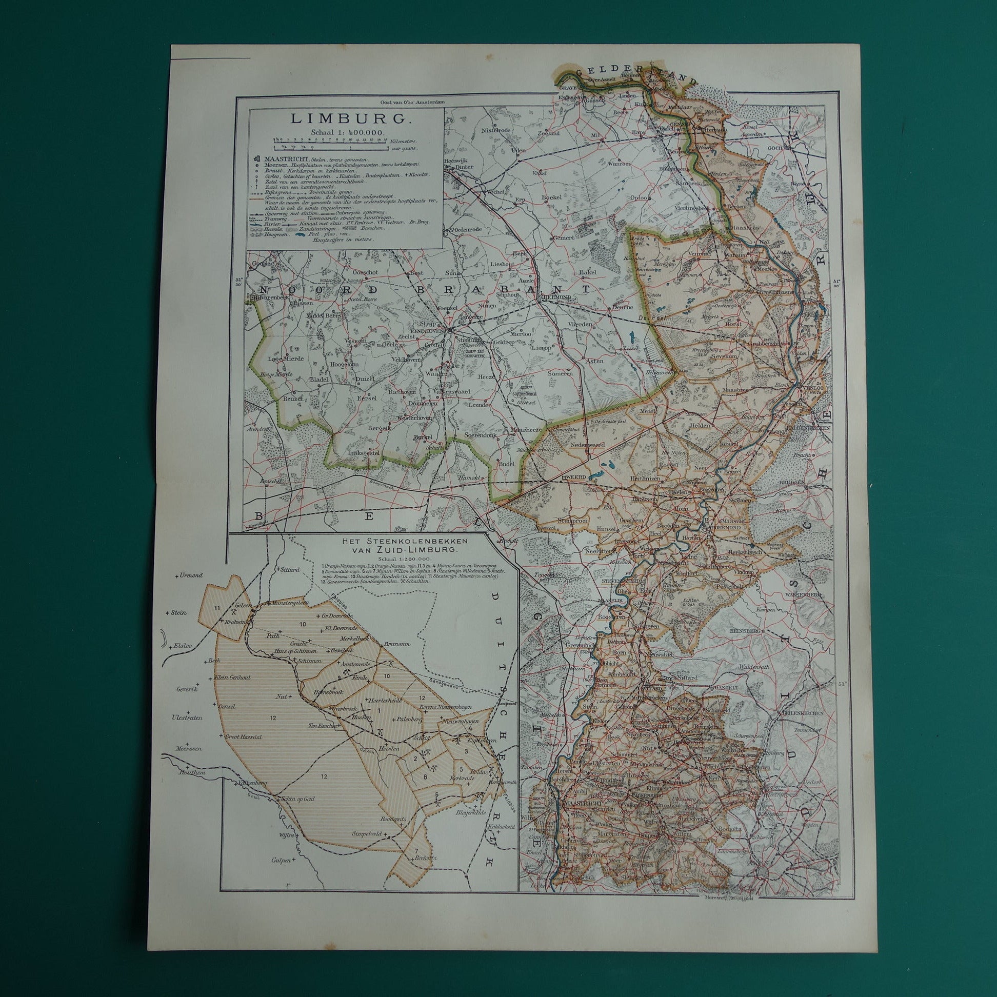 LIMBURG Oude landkaart van de provincie Limburg uit 1919 originele antieke kaart Maastricht Heerlen Roermond historische kaarten