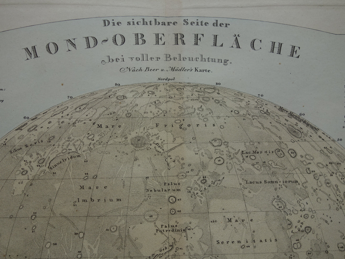 145+ jaar oude kaart van de Maan originele antieke poster zichtbare zijde van de maan met jaartal 1880 maankaart