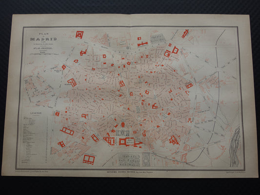 MADRID Grote oude kaart van Madrid Spanje uit 1877 originele antieke Franse plattegrond historische kaarten