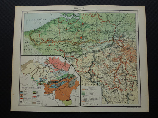 BELGIE Oude kaart van België uit 1933 originele vintage Nederlandse landkaart Geologie