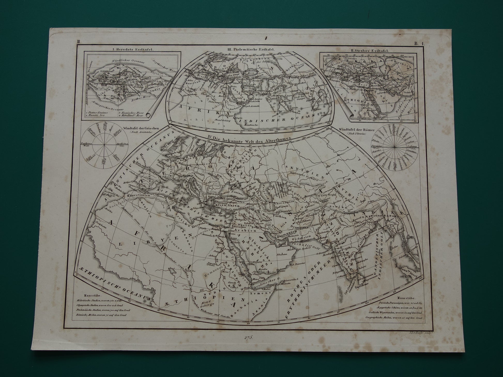 Antieke historische WERELDKAARTEN 1849 oude print met kaart van Strabo Ptolemaeus Herodotus van de wereld in de klassieke oudheid