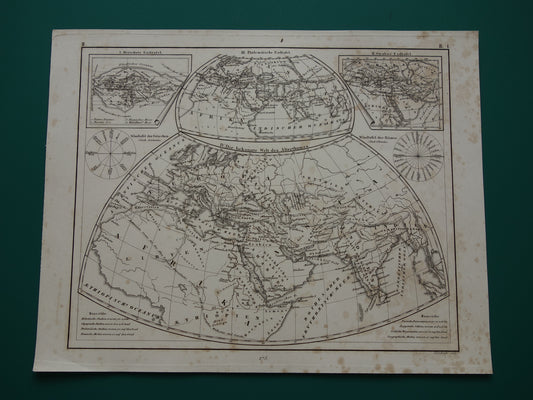 Antieke historische WERELDKAARTEN 1849 oude print met kaart van Strabo Ptolemaeus Herodotus van de wereld in de klassieke oudheid