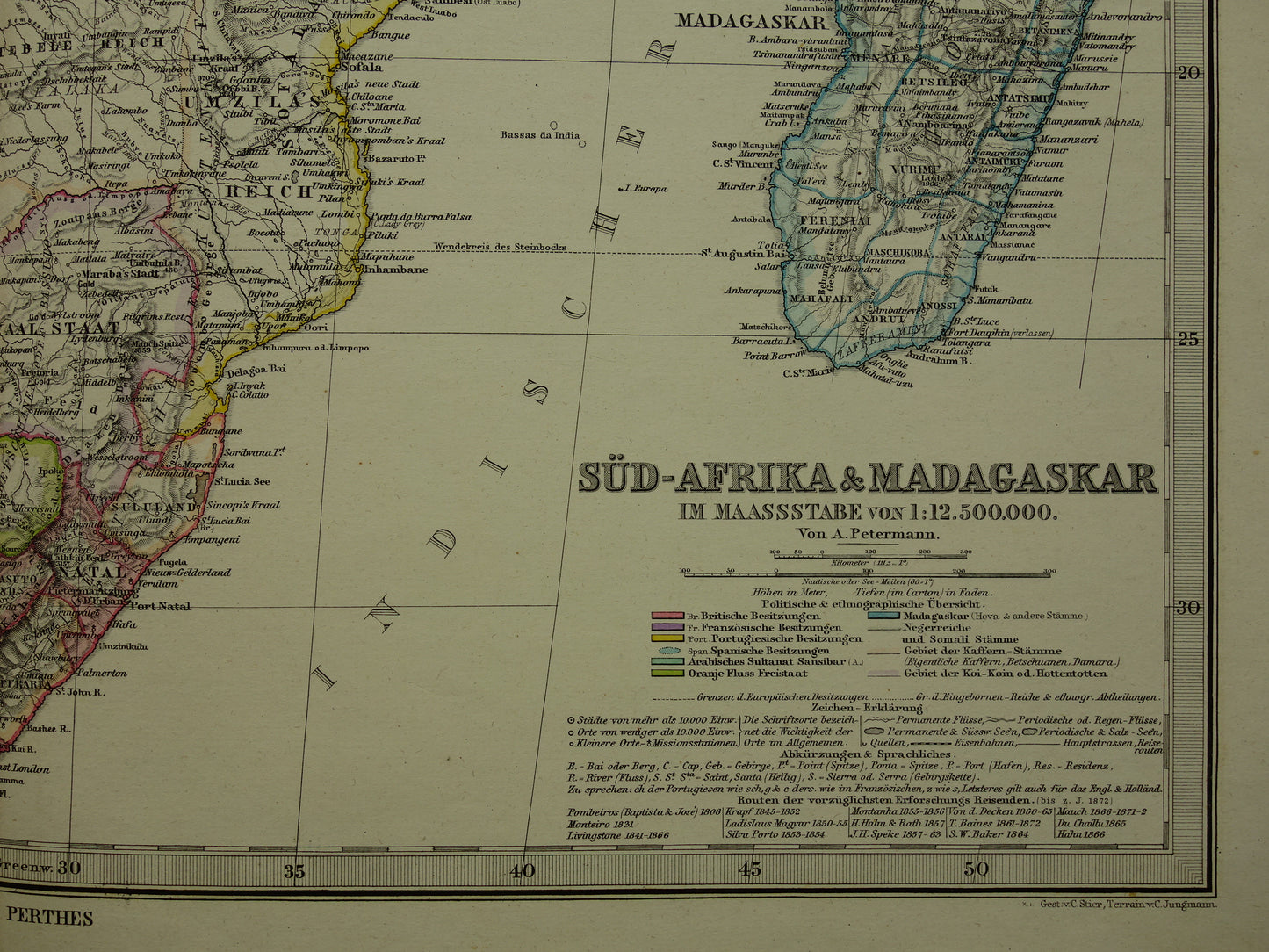 Antieke landkaart van Afrika in 1880 Grote originele 145+ jaar oude kaart van Zuid-Afrika Madagaskar Angola Namibië Botswana Tanzania Congo Mozambique Zambia Route Livingstone Andersson