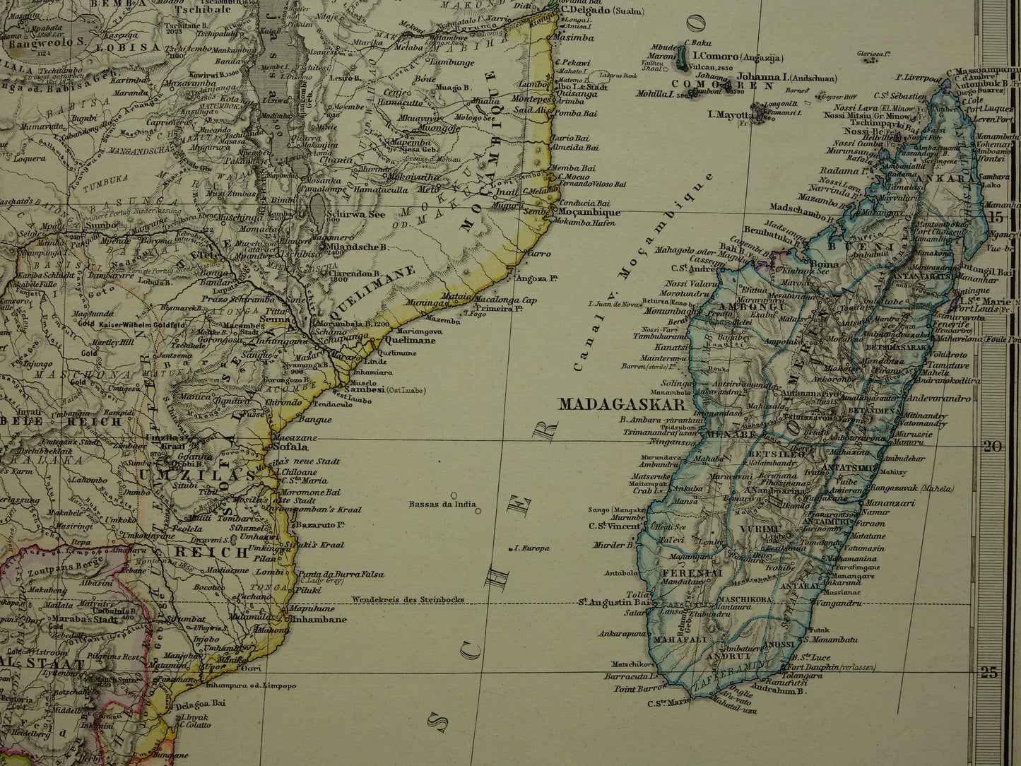 Antieke landkaart van Afrika in 1880 Grote originele 145+ jaar oude kaart van Zuid-Afrika Madagaskar Angola Namibië Botswana Tanzania Congo Mozambique Zambia Route Livingstone Andersson