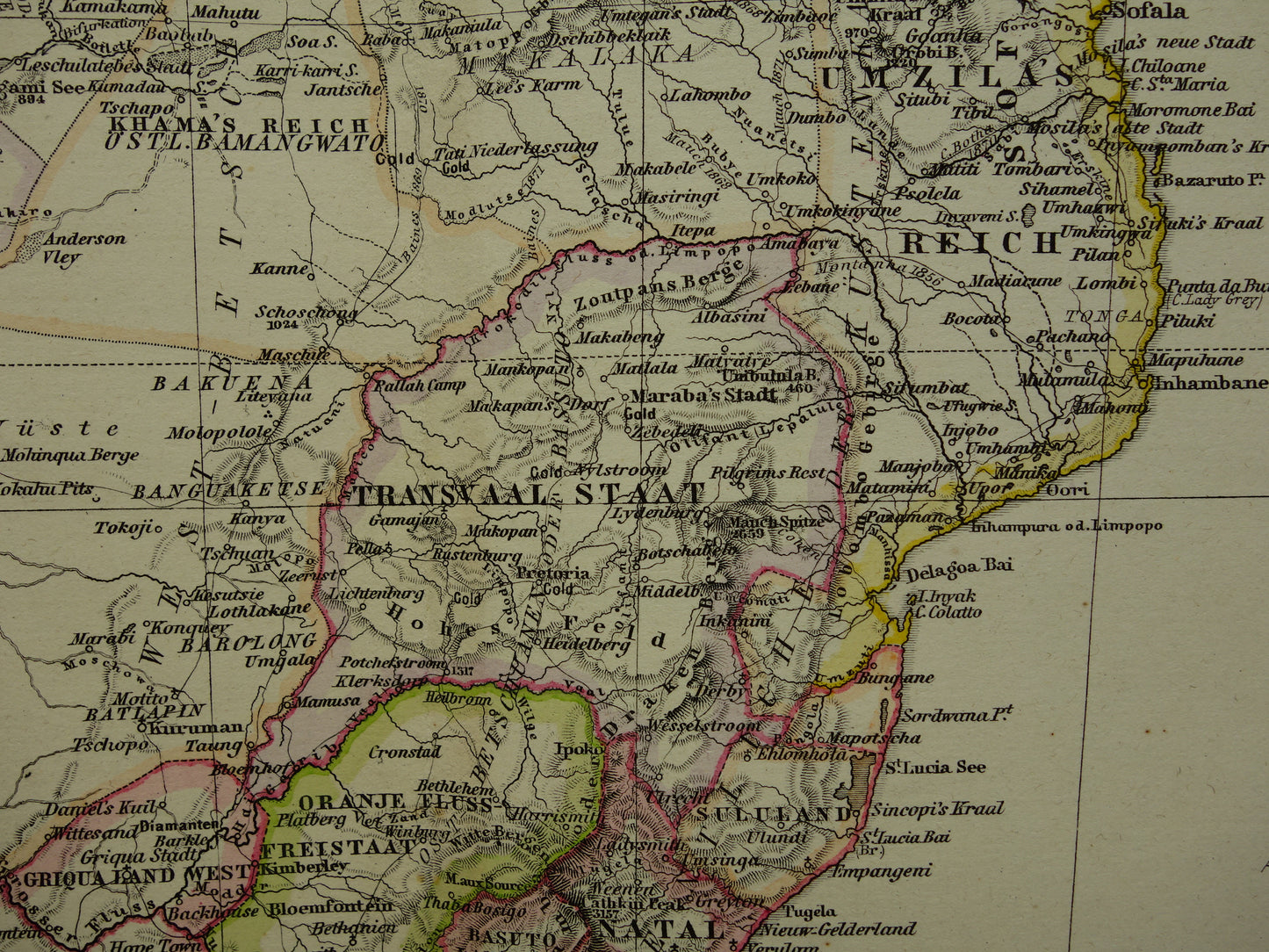 Antieke landkaart van Afrika in 1880 Grote originele 145+ jaar oude kaart van Zuid-Afrika Madagaskar Angola Namibië Botswana Tanzania Congo Mozambique Zambia Route Livingstone Andersson