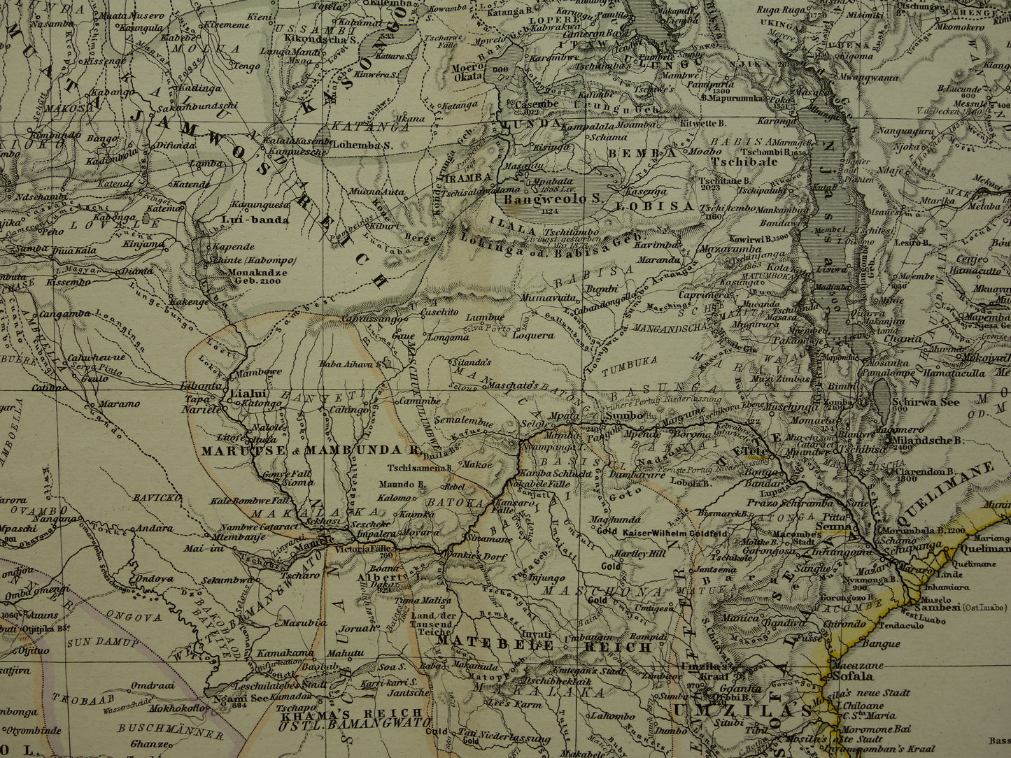 Antieke landkaart van Afrika in 1880 Grote originele 145+ jaar oude kaart van Zuid-Afrika Madagaskar Angola Namibië Botswana Tanzania Congo Mozambique Zambia Route Livingstone Andersson