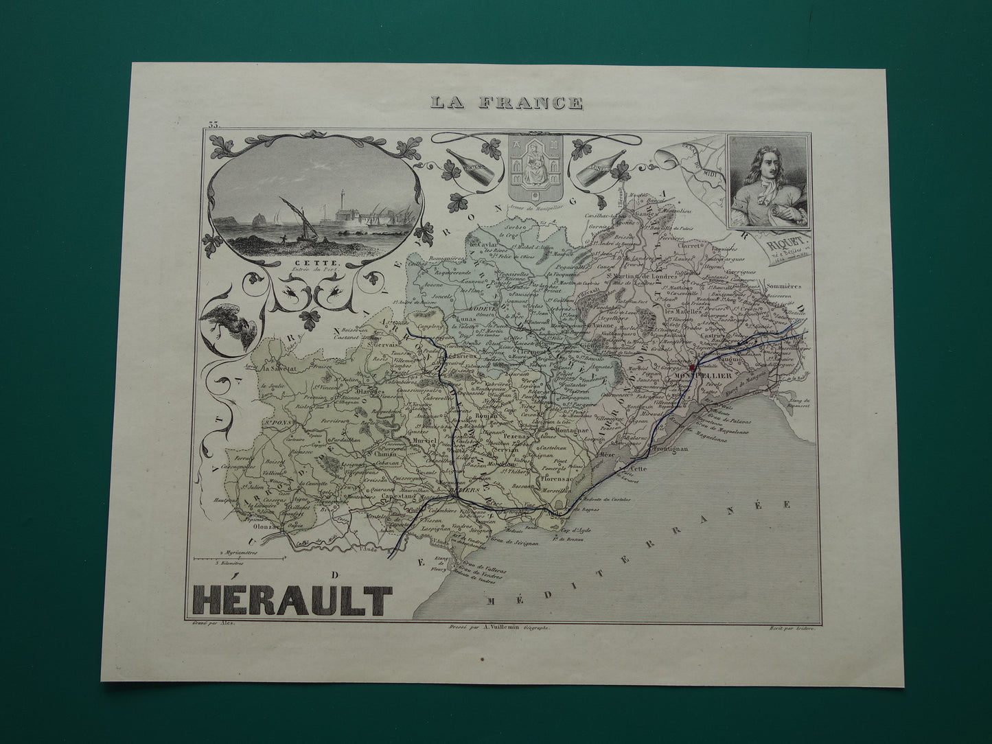 Hérault Frankrijk Oude kaart uit 1870 originele antieke handgekleurde landkaart Herault departement Montpellier