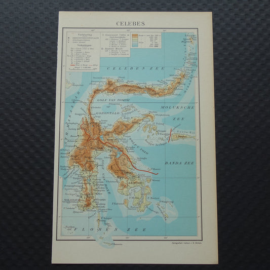 CELEBES Oude kaart van Celebes Indonesië uit 1933 kleine originele vintage Nederlandse landkaart