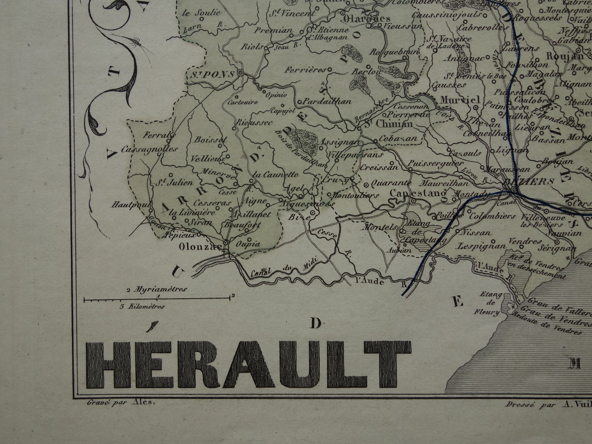 Hérault Frankrijk Oude kaart uit 1870 originele antieke handgekleurde landkaart Herault departement Montpellier
