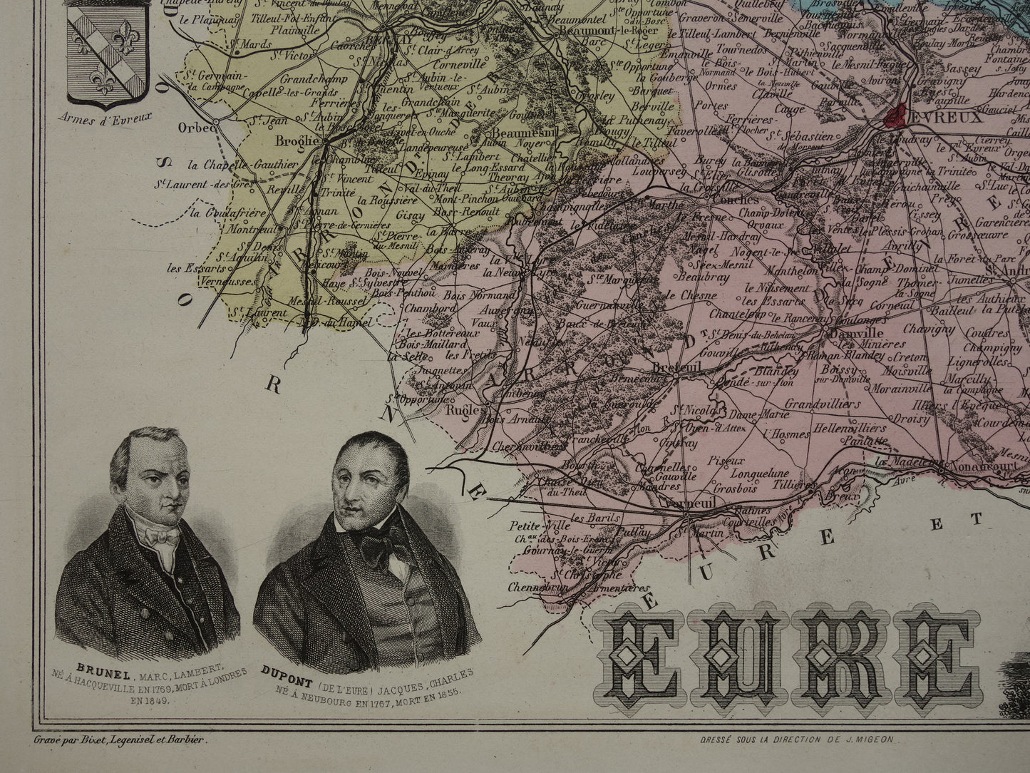 EURE Oude kaart van Eure departement in Frankrijk uit 1882 originele antieke handgekleurde landkaart Evreux