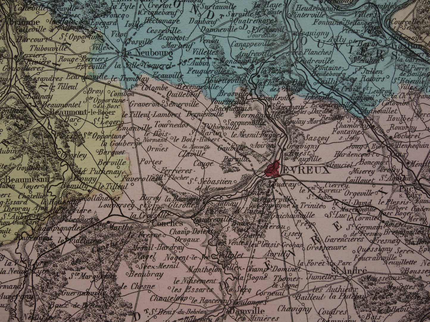 EURE Oude kaart van Eure departement in Frankrijk uit 1882 originele antieke handgekleurde landkaart Evreux