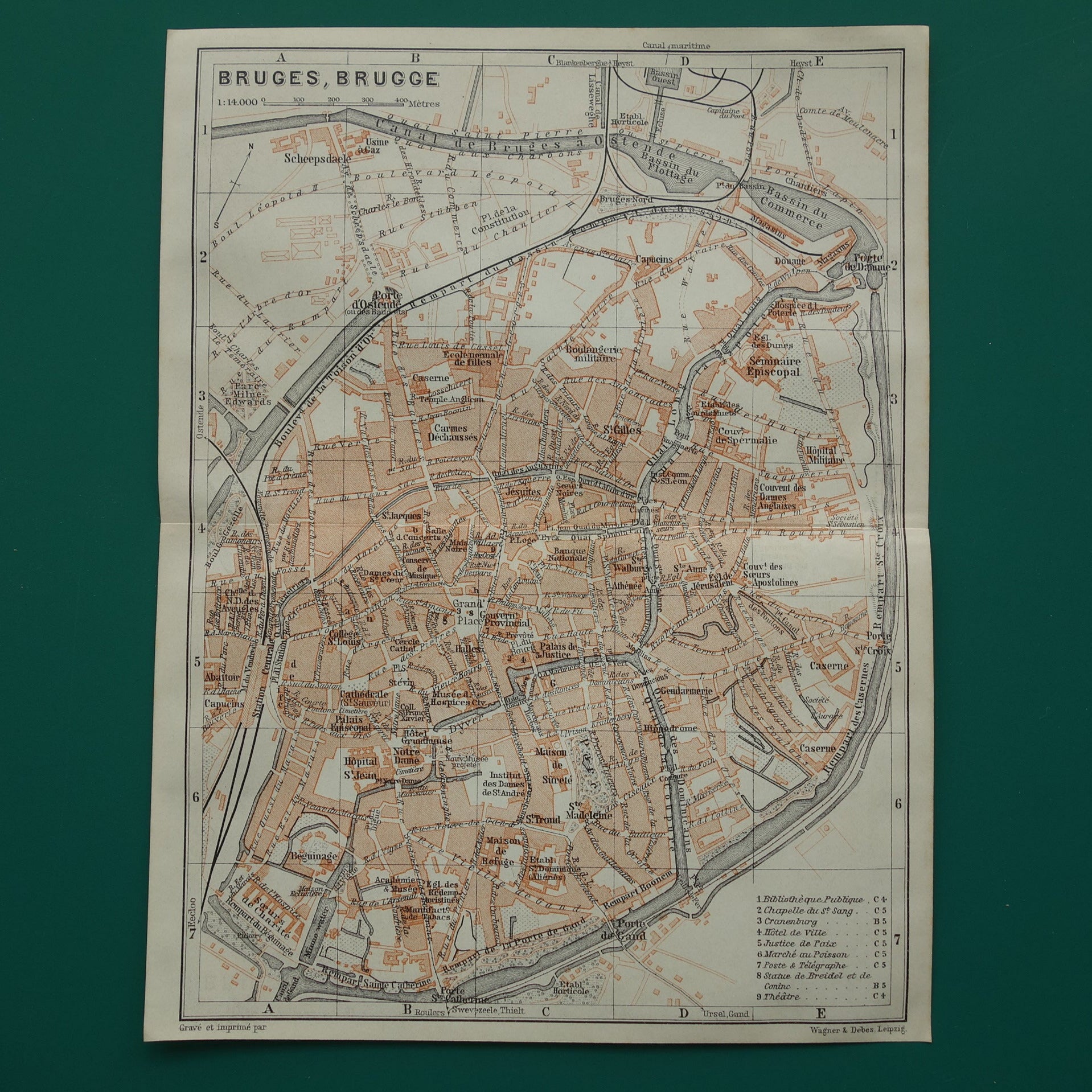 Brugge in het jaar 1910 kleine antieke historische kaart