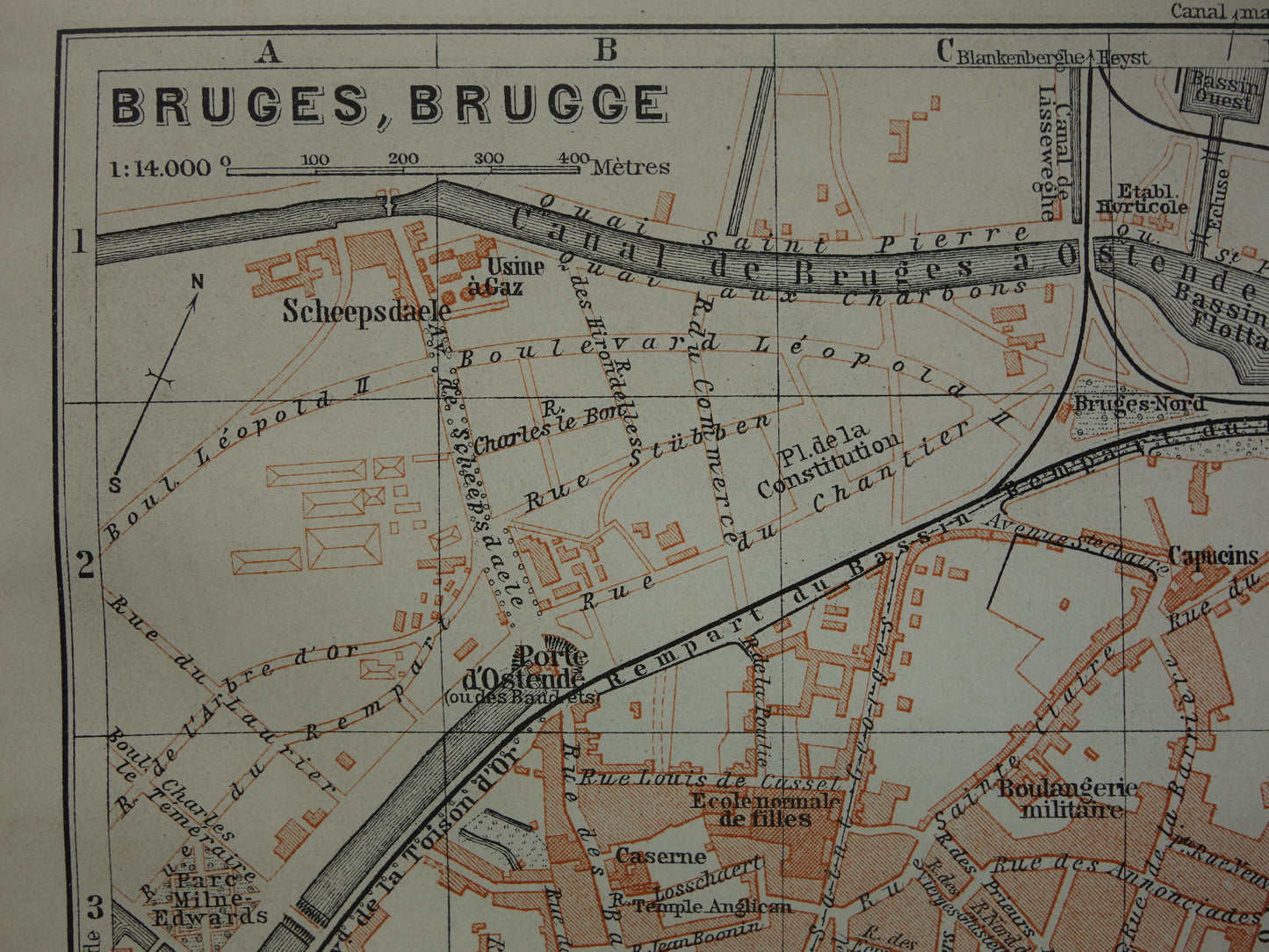 BRUGGE oude kaart van Brugge België uit 1910 kleine originele antieke plattegrond landkaart
