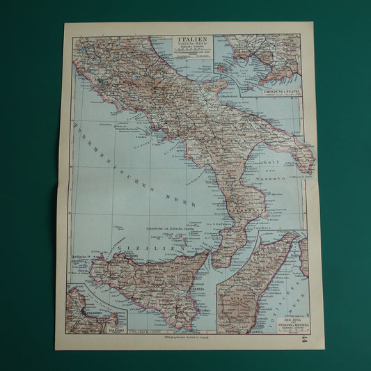 ITALIE oude gedetailleerde kaart van Zuid-Italië uit 1928 originele vintage landkaart Sicilië Napels Palermo Messina