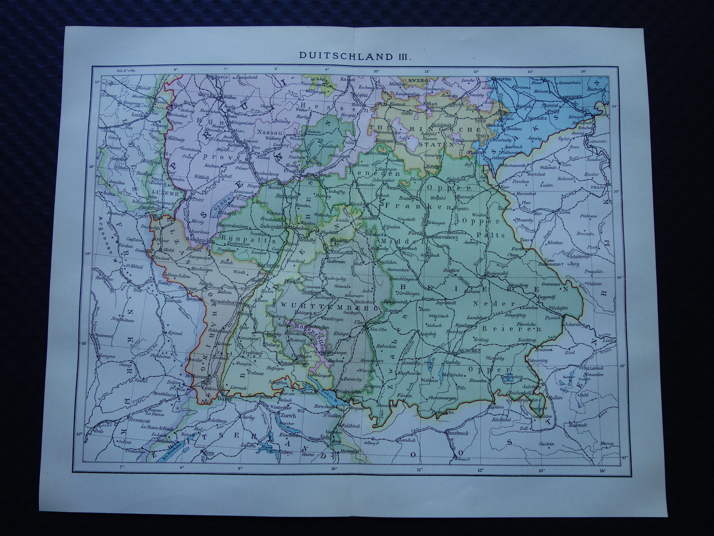 ZUID-DUITSLAND oude Nederlandse kaart van het zuiden van Duitsland originele antieke landkaart uit 1916