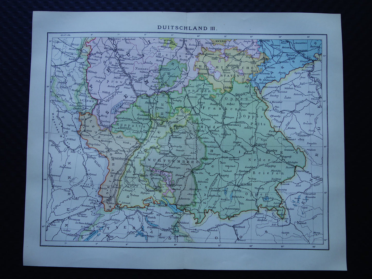 ZUID-DUITSLAND oude Nederlandse kaart van het zuiden van Duitsland originele antieke landkaart uit 1916