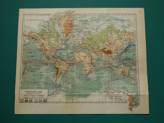 WORLD MAP old Dutch world map of sea currents Original antique Dutch map elevation map