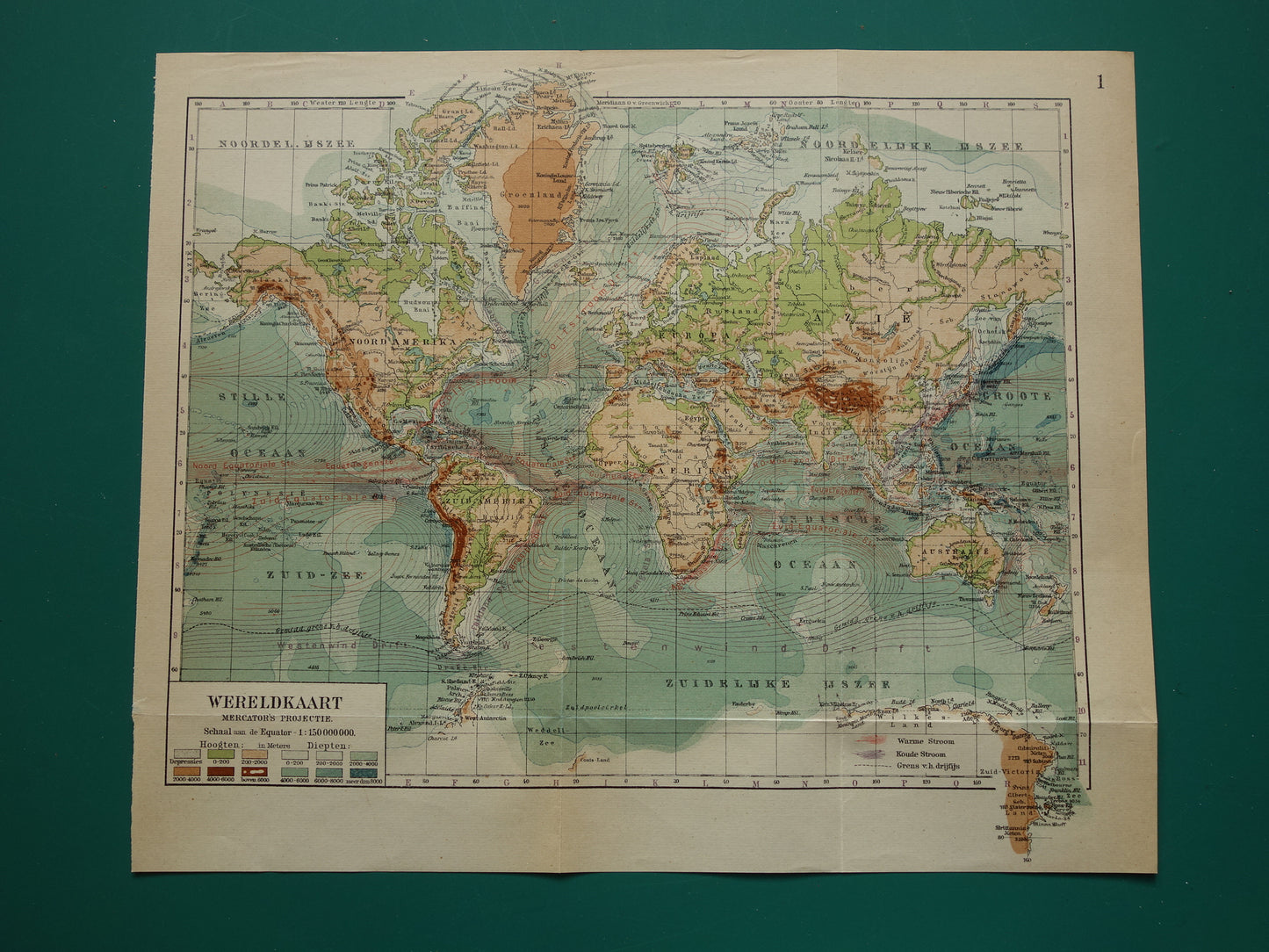 WORLD MAP old Dutch world map of sea currents Original antique Dutch map elevation map