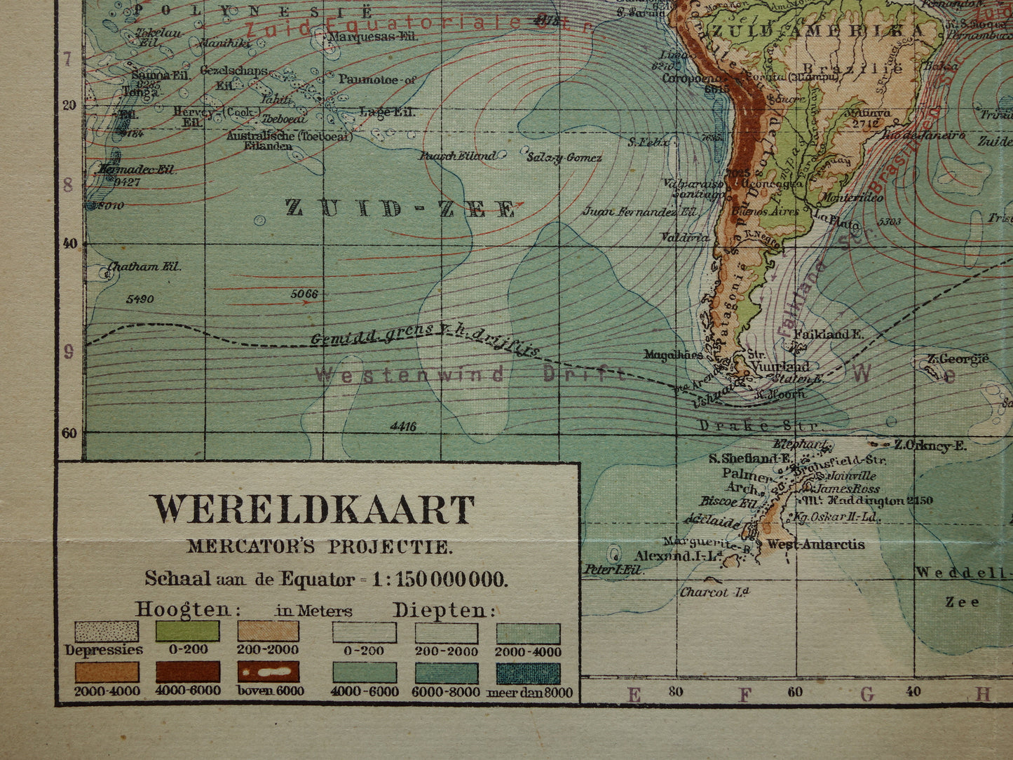 WORLD MAP old Dutch world map of sea currents Original antique Dutch map elevation map