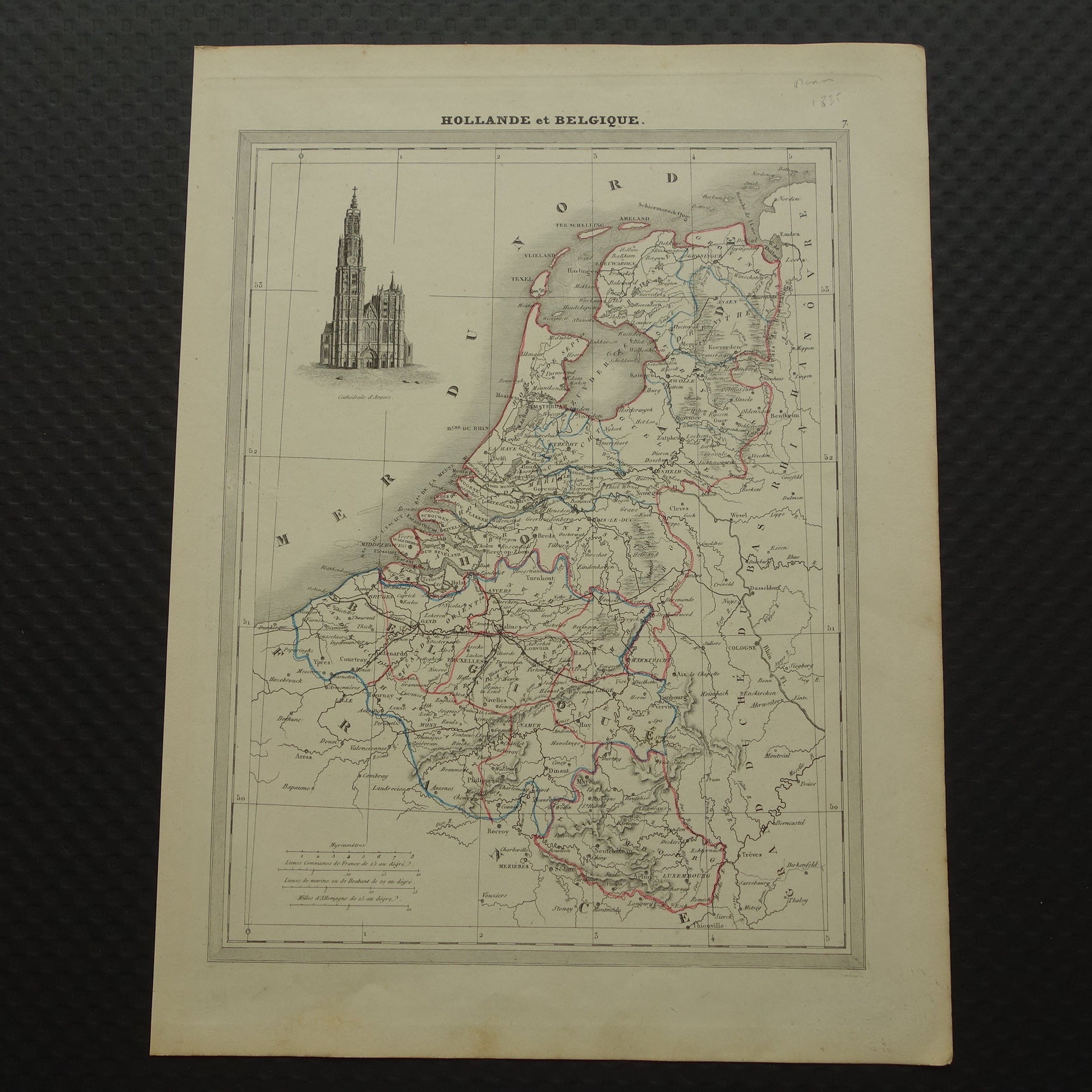 190+ jaar Oude kaart van Nederland en Belgë 1835 originele antieke Franse landkaart