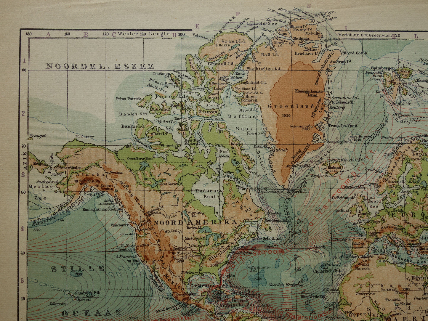 WORLD MAP old Dutch world map of sea currents Original antique Dutch map elevation map